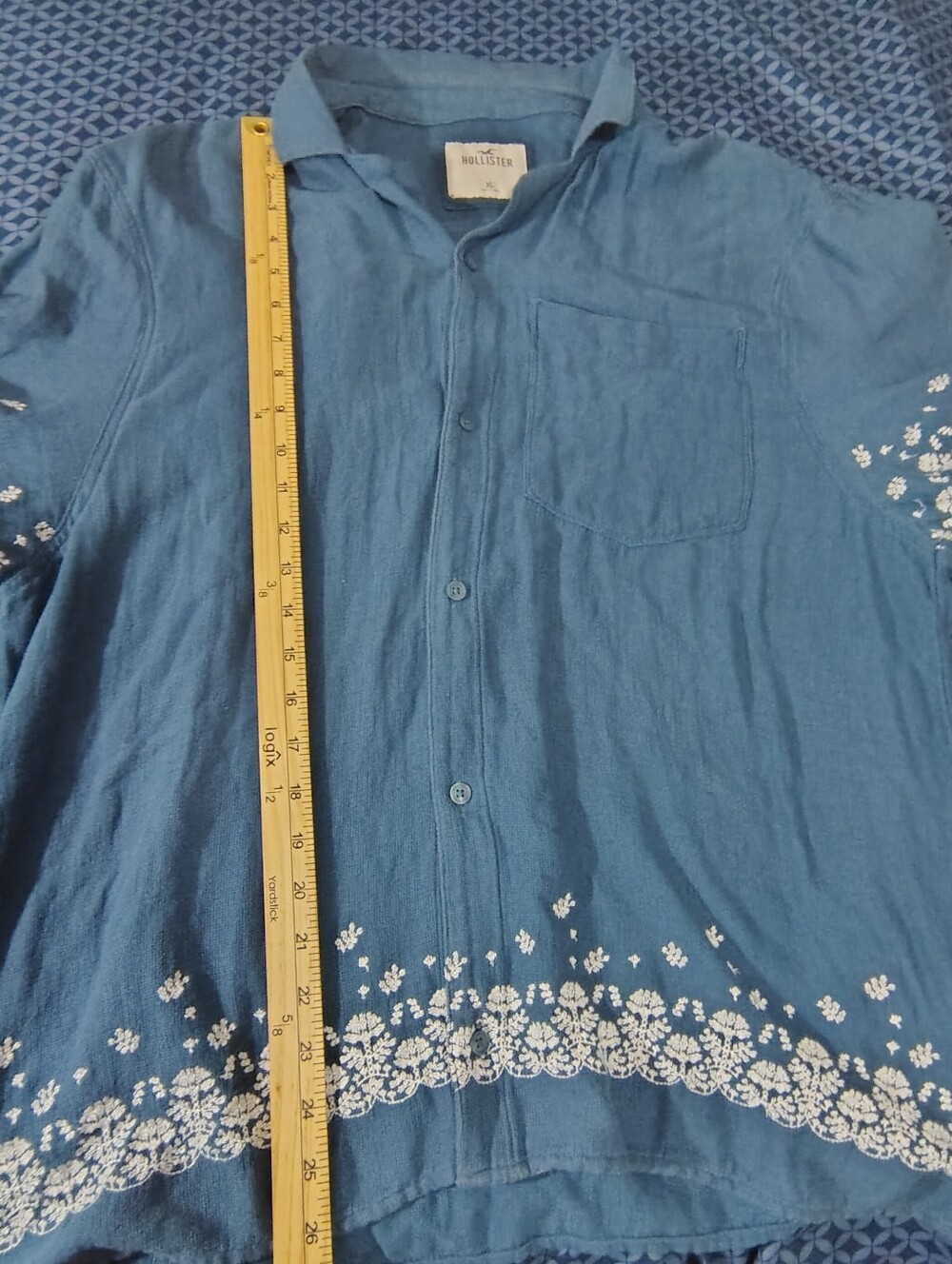 Hollister Men's Boxy Fit Linen-Blend Embroidered Boho Short Sleeve Shirt - XL - Picture 3 of 7